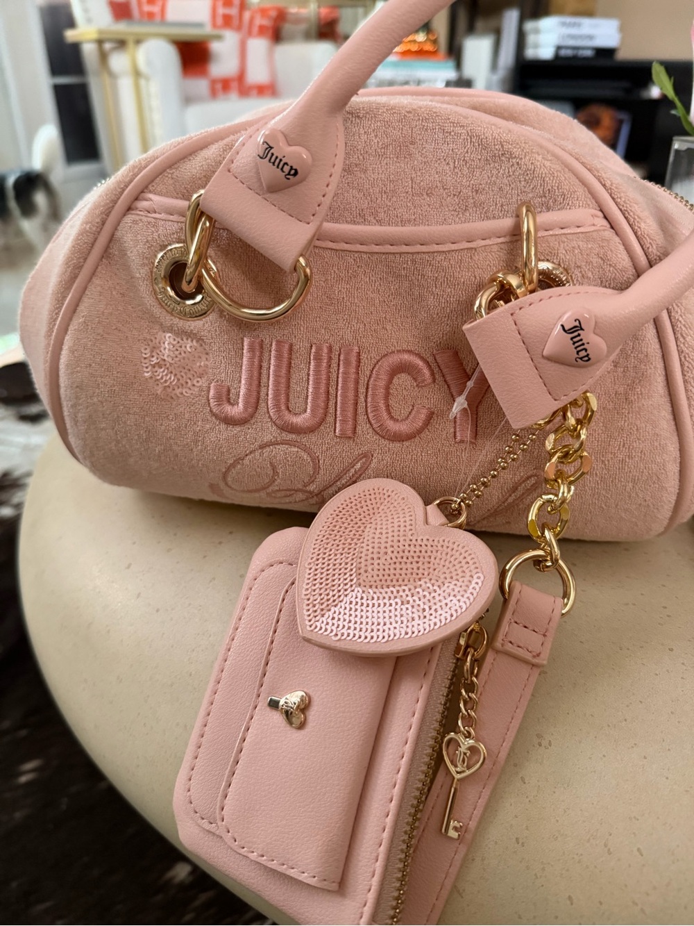 Juicy Couture Blush Pink Velvet Mini Dome Bag with Heart Charm & Card Holder